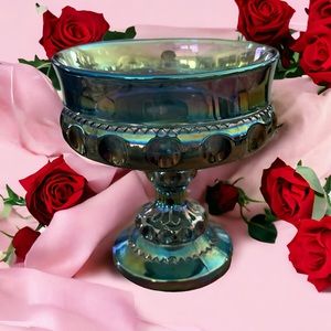 Vintage Mid Century Iridescent Blue Depression Glass Pedestal Candy Dish